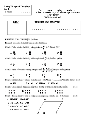 Đề kiểm tra giữa học kì II môn Toán Lớp 4 - Năm học 2018-2019 (Có đáp án)